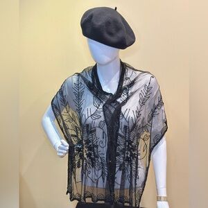 VTG 1980s-90s Black Beaded Sheer Rayon Net Shawl Wrap by Sterling Styles